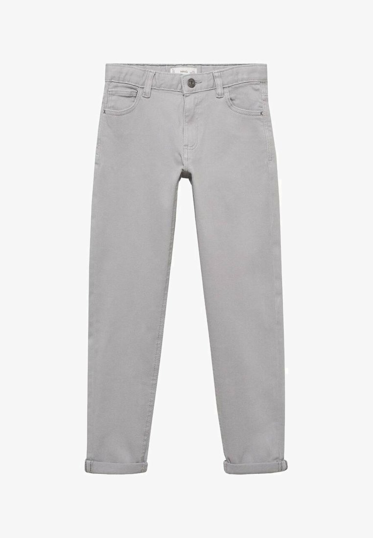 Sive denim hlače s prilagojeno krojem, z gumbom za zapiranje, petimi žepi in zavihanimi manšetami za urejen videz. Gladka tekstura po celotni površini.