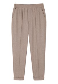 Beige slim-fit pants made of soft fabric, featuring an elastic waistband, two side pockets, and cuffed hems with subtle pleats.