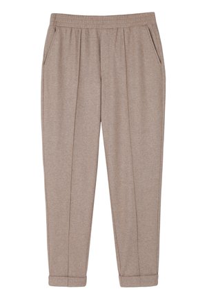Beige slim-fit püksid, mis on valmistatud pehmest kangast, elastse vöökoha, kahe küljetasku ja õrnade voldikute ning mansettidega.
