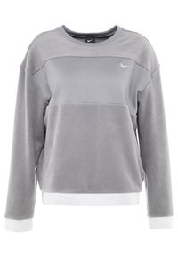 Grå fleece sweatshirt med lange ærmer, rund hals, og kontrasttekstureret panel forneden og ved manchetterne. Nike-logo på brystet.