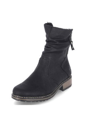 Black leather ankle boot with a slouched design, side zipper, and a low wooden heel. Features contrast stitching and a textured finish.