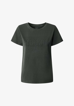 Mørkegrøn bomulds-T-shirt med rund hals, korte ærmer og præget tekst i en lysere tone på tværs af brystet.