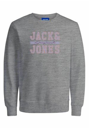 Grå langærmet sweatshirt med "JACK & JONES Originals" trykt i store lyserøde og sorte bogstaver foran.