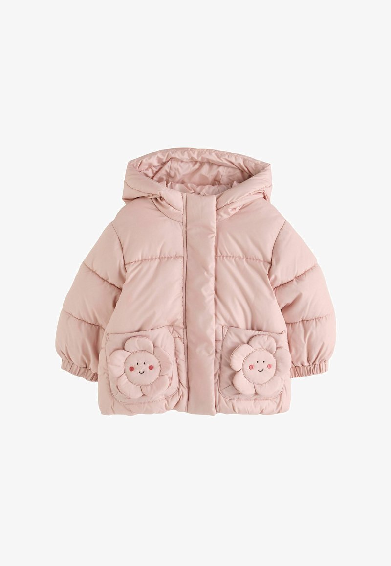 Chaqueta acolchada para niño pequeño de color rosa claro con capucha y bolsillos en forma de flor con caras sonrientes sobre fondo blanco.