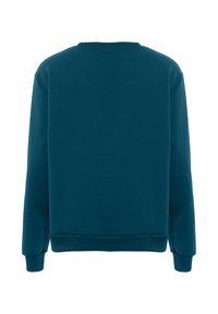Felpa teal realizzata in tessuto morbido, con scollo rotondo, maniche lunghe e polsini e orlo a costine, con una superficie liscia e senza decorazioni.