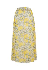 Jupe longue avec taille élastique avec un motif de citron jaune et de feuille verte sur fond clair.