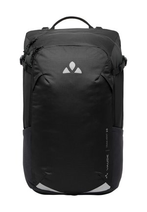 Schwarzer Vaude Trailvent 20 Rucksack mit strukturiertem Design, strukturiertem Stoff, seitlichen Reißverschlüssen und einem reflektierenden Logo. Verfügt über zwei Seitentaschen.