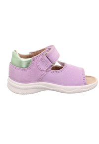 Lilac suede toddler sandal with open toe, velcro strap closure, metallic green heel patch, and white textured sole.