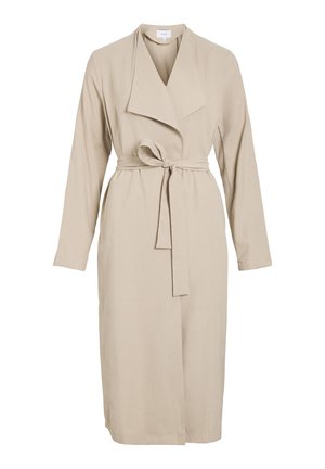 Beige long-sleeve wrap coat in a lightweight fabric, featuring a shawl collar and a tie belt at the waist. Smooth texture with a simple design.