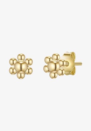 Pendientes de botón en tono dorado con un diseño floral, que presentan formas de perlas redondeadas. Textura suave con un acabado pulido y un cierre seguro.