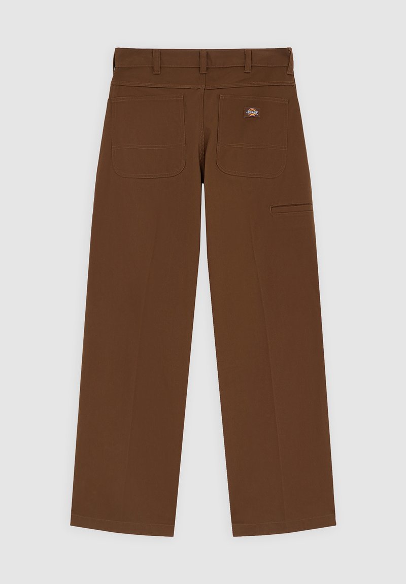 Brown cargo pants with a straight cut, featuring two back pockets and a side pocket, made from sturdy fabric with visible stitching details.