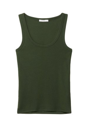 Olive green tank top in soft, stretch fabric. Features a round neckline and wide straps, with a straight hem at the bottom. No patterns or accents.