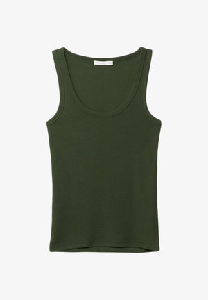 Olivově zelené tílko z měkké, elastické látky. Má kulatý výstřih a široká ramínka, s rovným lemem na spodní části. Bez vzorů nebo akcentů.