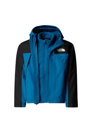 Blå og svart vanntett jakke med glidelås foran, fleecefor og justerbar hette; har logo på øvre venstre bryst.