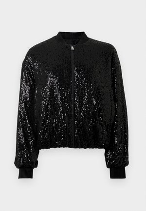 Giacca bomber nera con decorazioni in paillettes, caratterizzata da chiusura frontale con zip, colletto e polsini a coste e vestibilità corta.