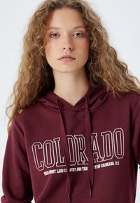 Bordowa bluza z kapturem z nadrukiem z przodu z napisem "COLORADO" w białym kolorze. Posiada regulowany kaptur oraz miękki, teksturowany materiał.