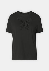 Black cotton t-shirt featuring a textured black butterfly design on the front, short sleeves, and a classic round neckline.