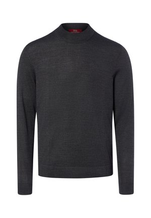 Dunkelgrauer Pullover mit langen Ärmeln und Rundhalsausschnitt, mit gerippten Bündchen und Saum, auf weißem Hintergrund dargestellt.