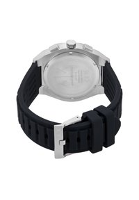 Orologio con cinturino in silicone nero e cassa in acciaio inox, dotato di un cinturino testurizzato, un quadrante rotondo e un dettaglio in fibbia argentata.