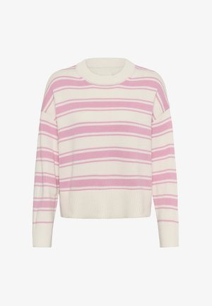 Dugotrajni pleteni džemper s kremastim i ružičastim vodoravnim prugama, s rebrastim okruglim izrezom, manšetama i rubom, prikazan na bijeloj pozadini.