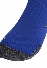Plava čarapa s teksturiranim gornjim dijelom, sivo ojačano prst i prugasti uzorak na rubu. Napravljena od sintetičkog materijala radi izdržljivosti.