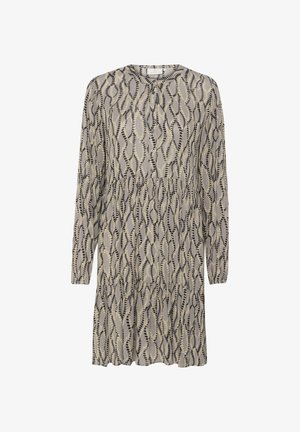 Langærmet kjole lavet af let stof, med et sort og gult bølget mønster på en beige baggrund, rund halsudskæring og knaplukning.