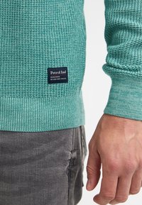 Tegengroen gebreide trui met geribde boorden en zoom. Voorzien van een donker label met de tekst "Petrol Ind" gestikt aan de zijkant. Gemaakt met een grijze broek.