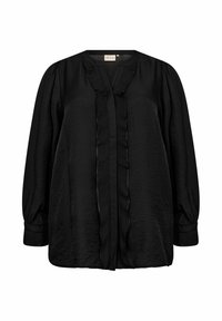 Blusa nera a maniche lunghe con rifiniture a volant lungo la piastra frontale e polsini arricciati.