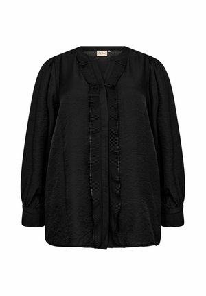 Juoda ilgomis rankovėmis bluzonė su volanų apdaila per priekį ir susiraukšlėjusiomis rankovių antgaliais.