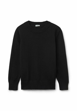 Schwarzer Pullover aus weichem Stoff, mit einem gerippten runden Ausschnitt und Bündchen, in einem schlichten, klassischen Design ohne sichtbare Muster oder Akzente.