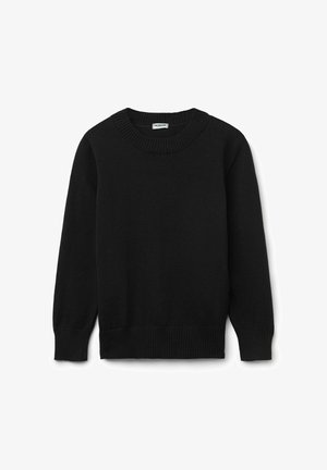 Schwarzer Pullover aus weichem Stoff, mit einem gerippten runden Ausschnitt und Bündchen, in einem schlichten, klassischen Design ohne sichtbare Muster oder Akzente.