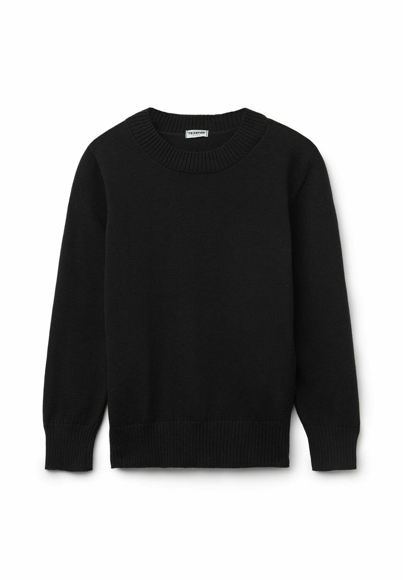 Černý svetr vyrobený z měkké tkaniny, s žebrovaným kulatým výstřihem a manžetami, s jednoduchým, klasickým designem a bez viditelných vzorů nebo akcentů.