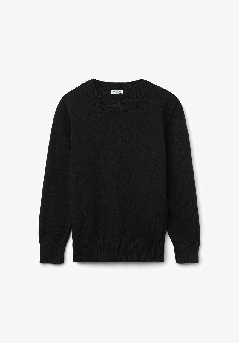 Schwarzer Pullover aus weichem Stoff, mit einem gerippten runden Ausschnitt und Bündchen, in einem schlichten, klassischen Design ohne sichtbare Muster oder Akzente.