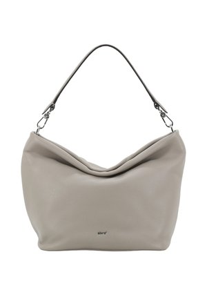 Graue Lederhandtasche mit einem lässigen Design, ausgestattet mit einem einzelnen Schulterriemen und glatter Textur. Enthält ein dezentes Logo-Detail in der Nähe des Bodens.