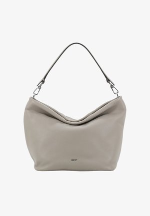 Graue Lederhandtasche mit einem lässigen Design, ausgestattet mit einem einzelnen Schulterriemen und glatter Textur. Enthält ein dezentes Logo-Detail in der Nähe des Bodens.