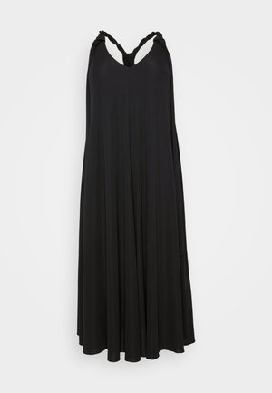 Zwarte jurk met een vloeiende ontwerp, gemaakt van zachte stof. Heeft geknoopte bandjes en een v-halslijn, wat een elegante silhouet creëert.
