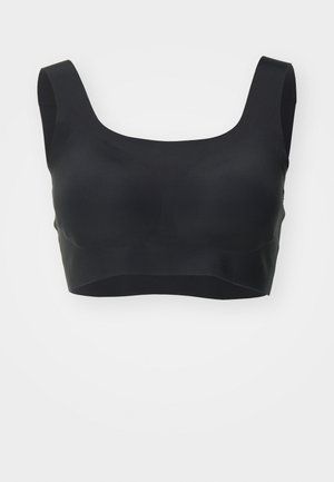 Black crop top with wide shoulder straps, smooth texture, and a rounded neckline. No visible seams or fasteners.