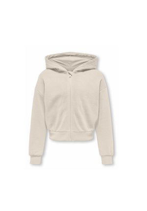 Haut à capuche beige clair zippé, fabriqué dans un tissu doux, avec une capuche doublée, des poignets et un ourlet côtelés, et une fermeture éclair à l'avant.