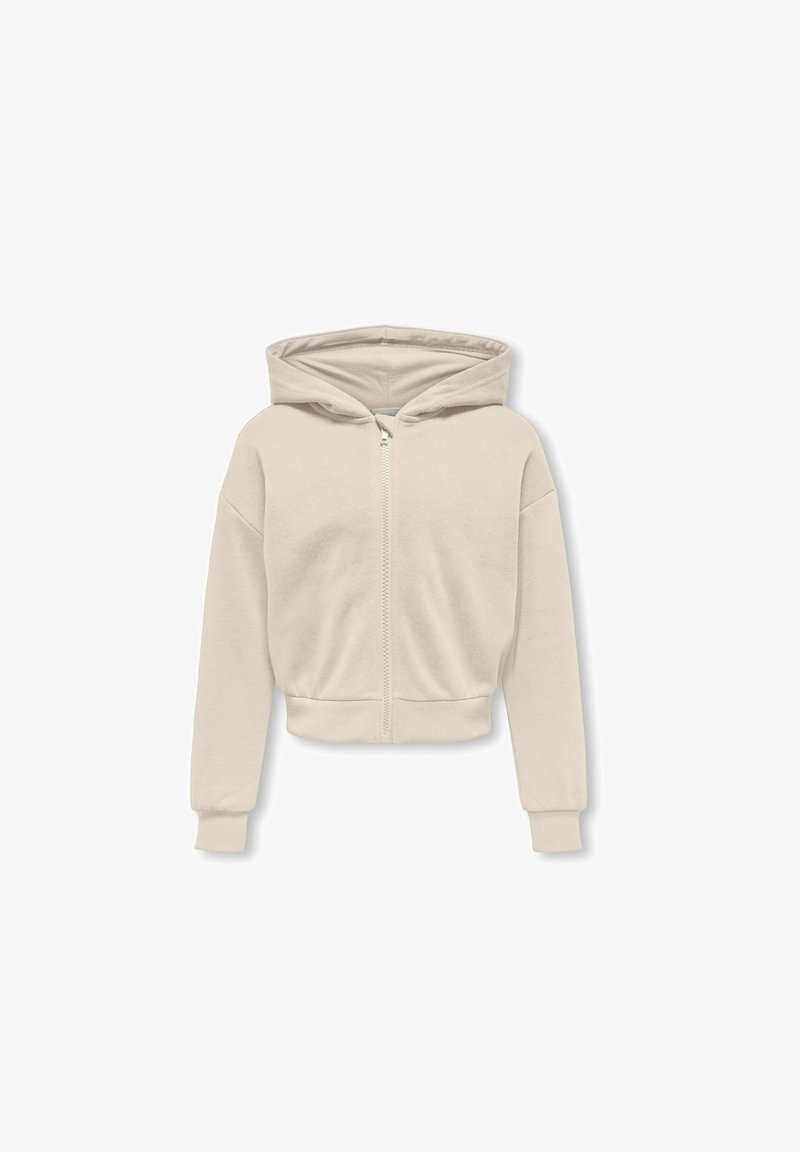 Helle beige Zip-Hoodie aus weichem Material, mit einer gefütterten Kapuze, gerippten Bündchen und Saum sowie einem Reißverschluss vorne.