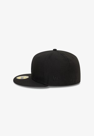 Black baseball cap with a flat brim, made of textured fabric. Features an embroidered logo and a sticker on the visor.