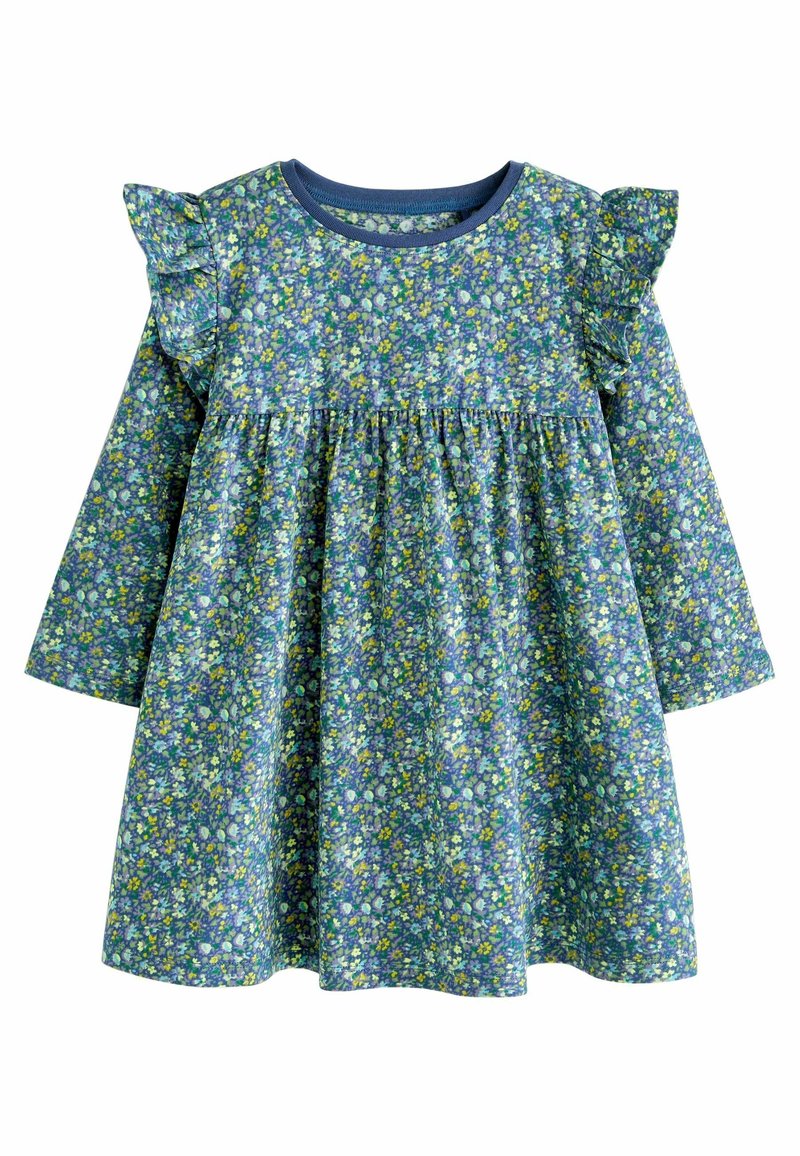 Robe florale bleue à manches longues, avec des volants aux épaules, une taille froncée et une coupe A tendance décontractée. Le matériau présente une texture de tissu douce.