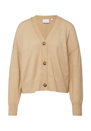 Beżowy krótki kardigan z dekoltem w serek, długimi rękawami, ściągaczami na mankietach i dole oraz trzema guzikami z motywem skorupy żółwia z przodu.