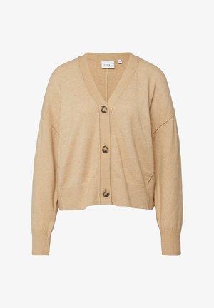 Beżowy krótki kardigan z dekoltem w serek, długimi rękawami, ściągaczami na mankietach i dole oraz trzema guzikami z motywem skorupy żółwia z przodu.