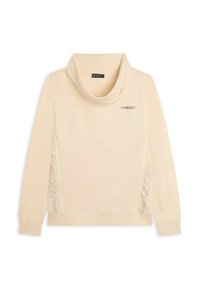 Felpa beige a maniche lunghe con collo alto a scaldacollo, polsini a coste e loghi "FREDDY" sul petto e ai lati.