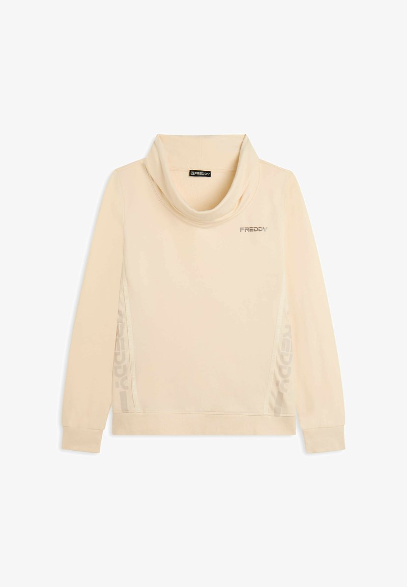 Sudadera beige de manga larga con un alto cuello de cisne, puños acanalados y logotipos "FREDDY" en el pecho y los lados.