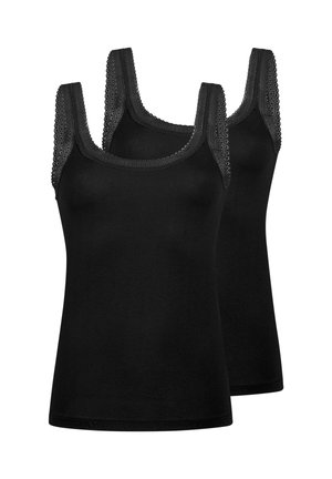 Zwei schwarze ärmellose Damen-Tanktops mit Spitzensaum an den Trägern, auf weißem Hintergrund dargestellt.