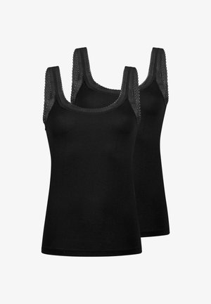 Zwei schwarze ärmellose Damen-Tanktops mit Spitzensaum an den Trägern, auf weißem Hintergrund dargestellt.