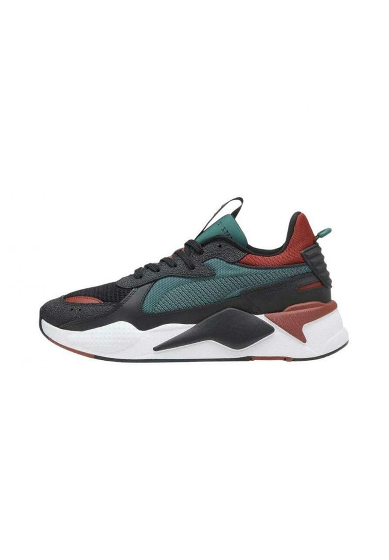 Zwarte en teal sport sneaker met een mesh bovenwerk, geglogeerde accenten, een gevoerde kraag en een witte tussenzool met rode details.