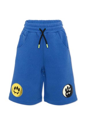 Niebieskie szorty z elastycznym pasem i czarnym sznurkiem, z naszywkami w postaci żółto-czarnych uśmiechniętych łapek w pobliżu krawędzi nogawek.