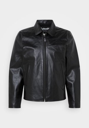 Schwarze Lederjacke mit Kragen, Frontreißverschluss, zwei Seitentaschen und glatter Textur. Mit Markenlogo innen am Kragen.